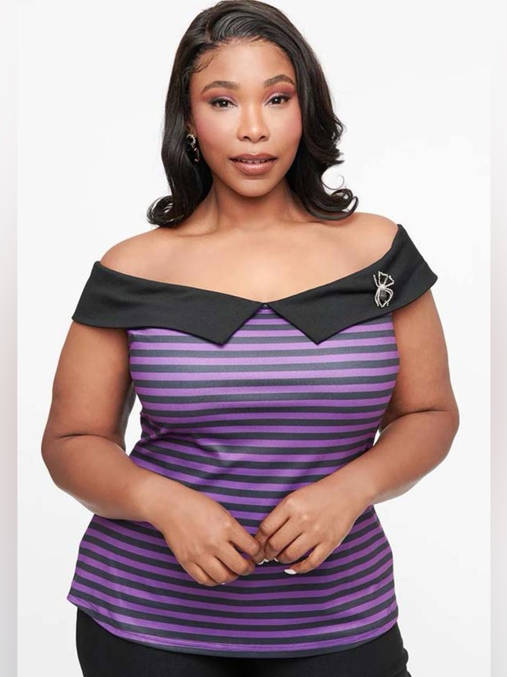 UNIQUE VINTAGE Women’s Size 4X/22-24 Purple/Black Stripe Off-the-Shoulder Top